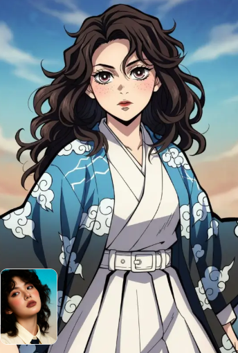 A female Demon Slayer OC with long wavy dark hair and freckles, wearing a blue haori with a white cloud pattern over a white kimono, inspired by a real-life reference photo.