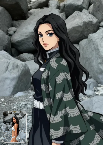 A Demon Slayer OC with long black wavy hair wearing a dark green haori with a unique circular fan pattern, standing against a backdrop of large grey rocks.
