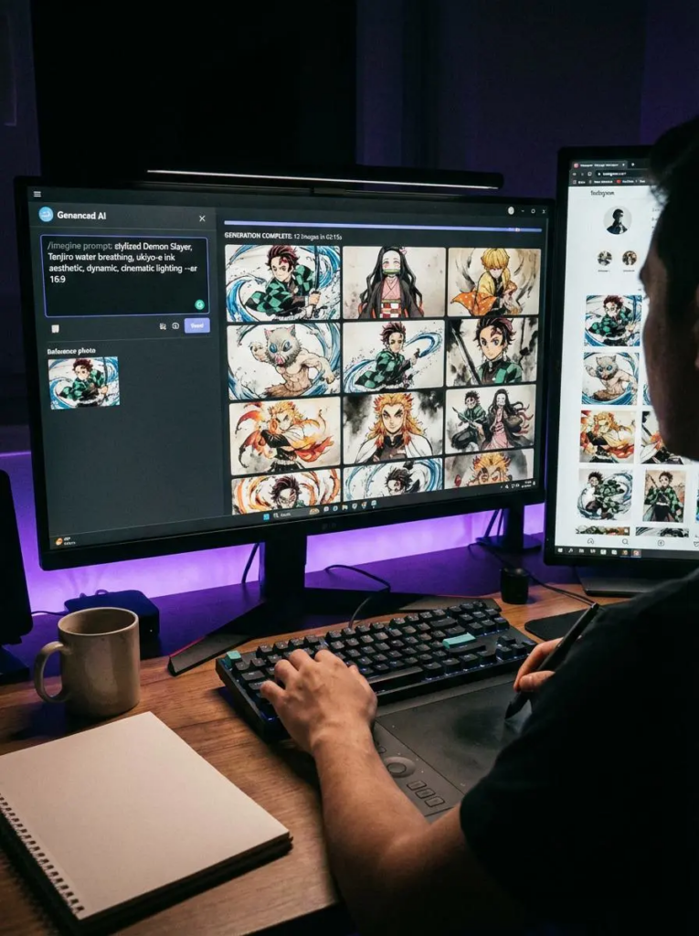 A high-tech workstation showing a dual-monitor setup where AI software is generating a grid of various Demon Slayer OC characters and official art.