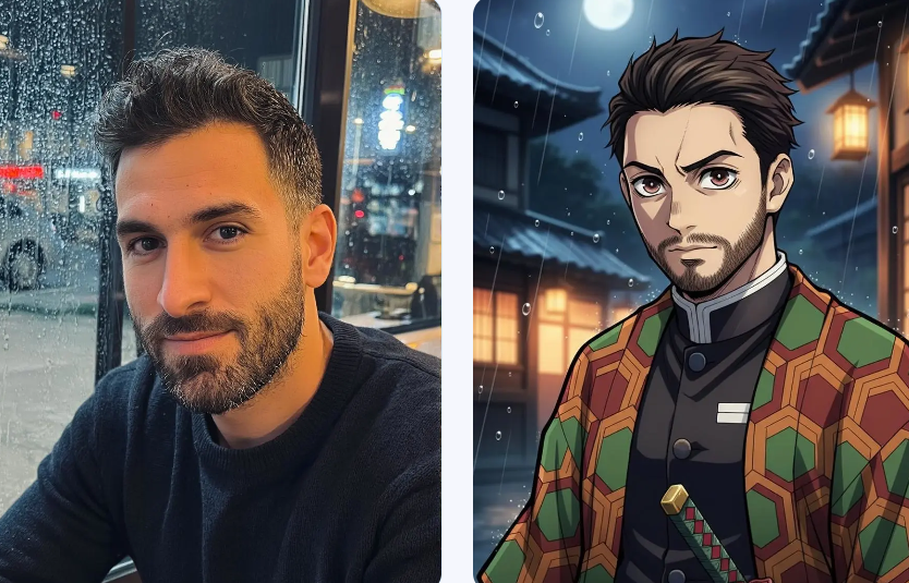 Comparison of a real man with a beard and his anime Demon Slayer OC counterpart wearing a green and orange hexagonal patterned haori in the rain.