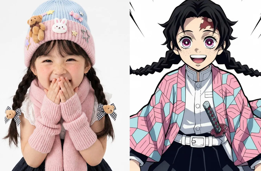 A side-by-side comparison showing a laughing young girl in a pink beanie and a matching anime-style Demon Slayer OC with braided hair and a pink checkered haori.