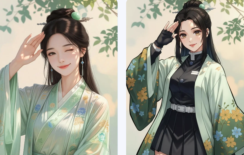 An anime girl in a light green traditional dress transformed into a Demon Slayer OC wearing a black uniform and a green haori with yellow floral patterns.