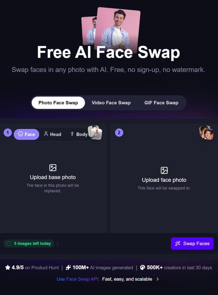 Magic Hour AI face swap dashboard featuring options for photo, video, and GIF swaps with upload boxes.