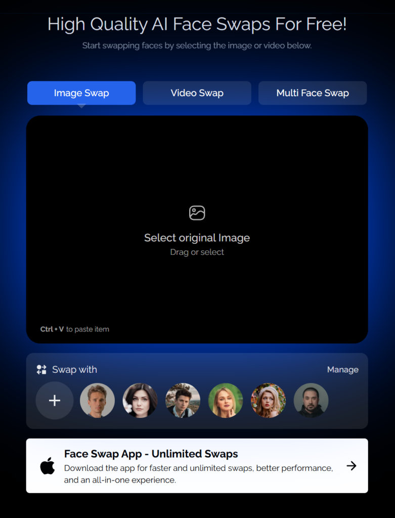 DeepSwap.ai user interface for high-quality face swaps, displaying a selection of faces to swap w