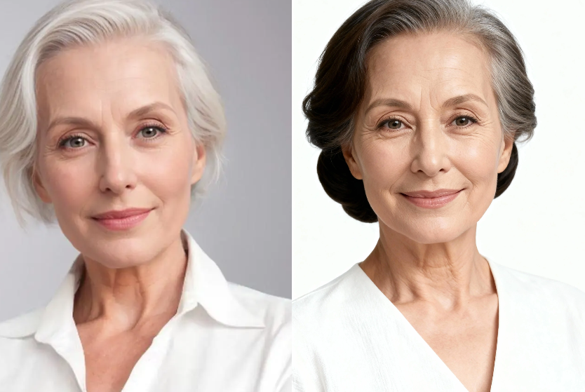 A side-by-side comparison of an elderly woman with silver hair, showcasing AI face swap consistency.