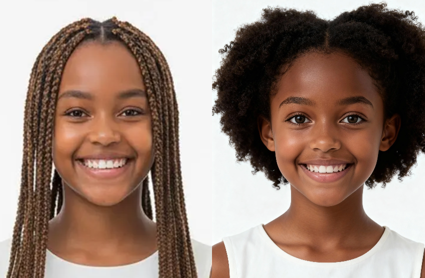AI face swap comparison of a young girl with braids on the left and natural afro hair on the right.