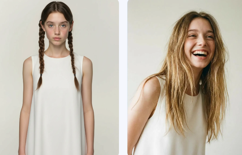 Side-by-side comparison of a girl in a white dress with neat braids versus loose, messy hair.