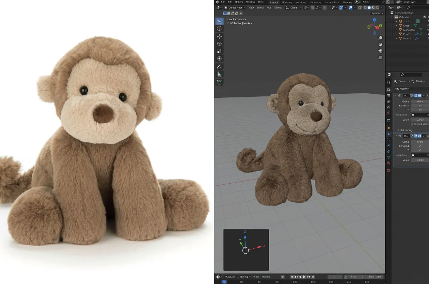 A side-by-side comparison of a plush monkey photo and its 3D model equivalent created with an ai 3d rendering generator.