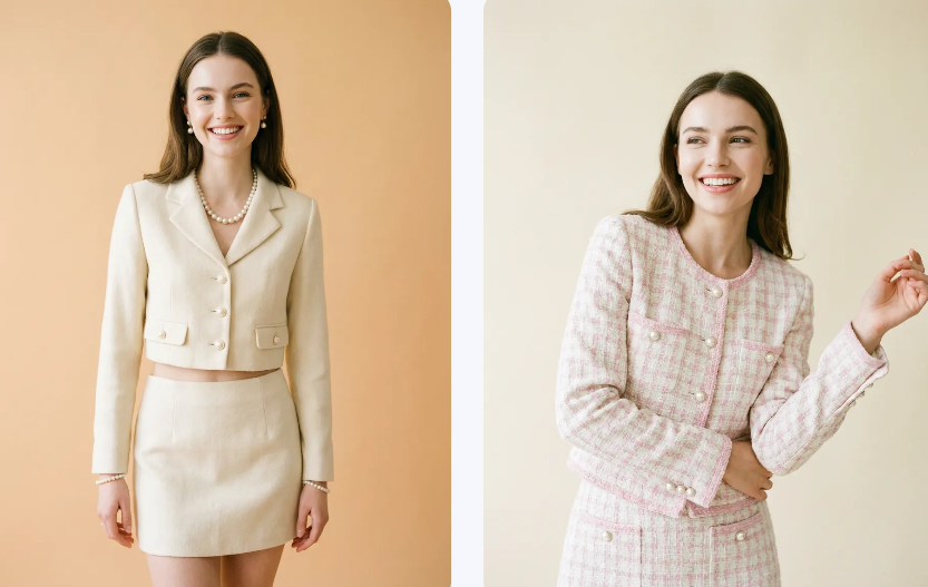 A model showcasing two different outfits: a cream-colored professional suit and a pink tweed ensemble.