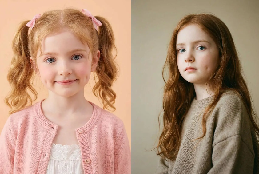 Comparison of a young girl with pigtails in a pink cardigan and the same face on a model with loose hair in a grey sweater.