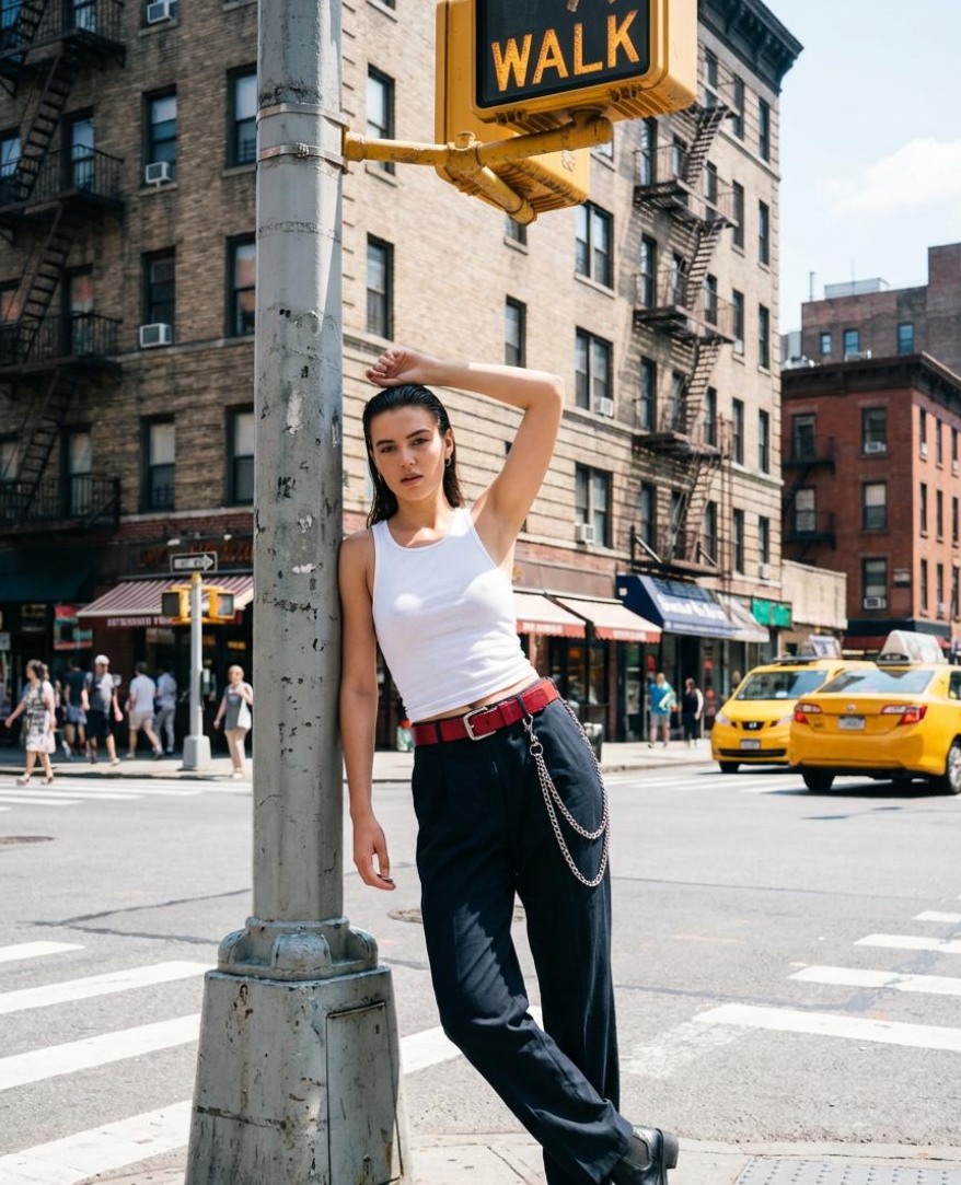 A fashion model in a white tank top and red belt leaning against a street pole in New York City.