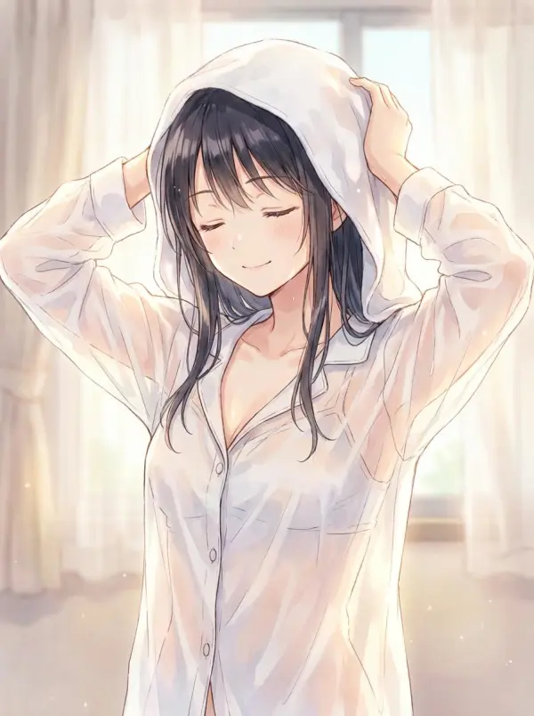 Soft anime-style girl with long dark hair wearing a translucent white hooded shirt, smiling gently.