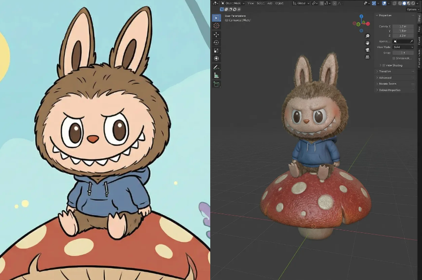 High-quality transformation of a 2D cartoon monster illustration into a photorealistic 3d model using WeShop AI rendering engine.