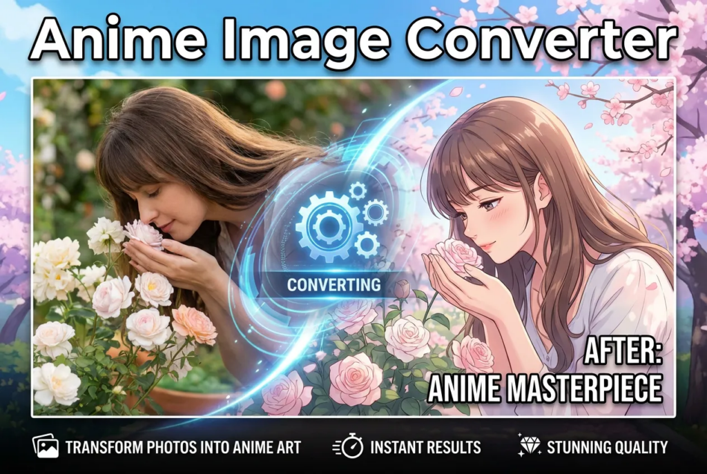 A visual demonstration of an Anime Image Converter showing a real woman smelling roses transformed into a beautiful anime masterpiece with cherry blossoms.