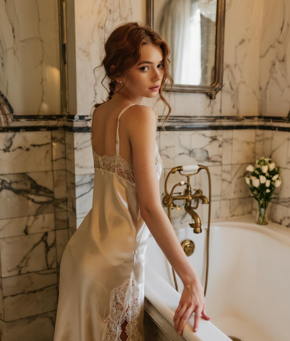 A high-quality original photo of a woman with auburn hair in a silk slip dress standing in a marble bathroom, ready for anime style conversion.