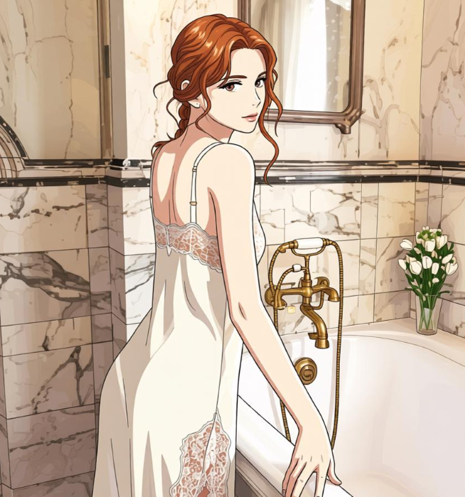 A stunning anime-style artwork generated by an Anime Image Converter featuring a woman in a white lace dress with a soft marble background.