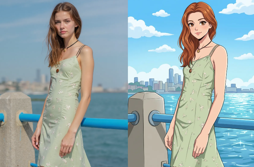 Side-by-side comparison of a woman by the sea in a green dress and her animated version created by an Anime Image Converter.