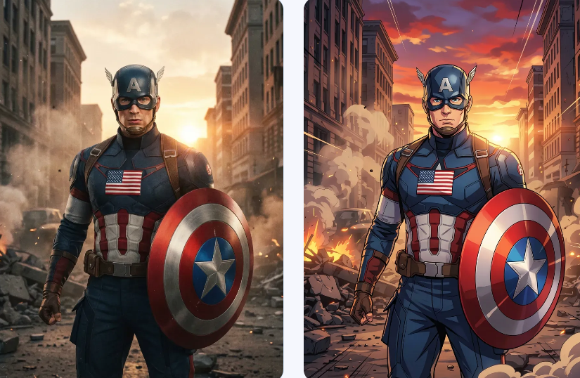 Captain America transformed from a cinematic 3D style into a bold shonen-style anime character using an AI anime tool.