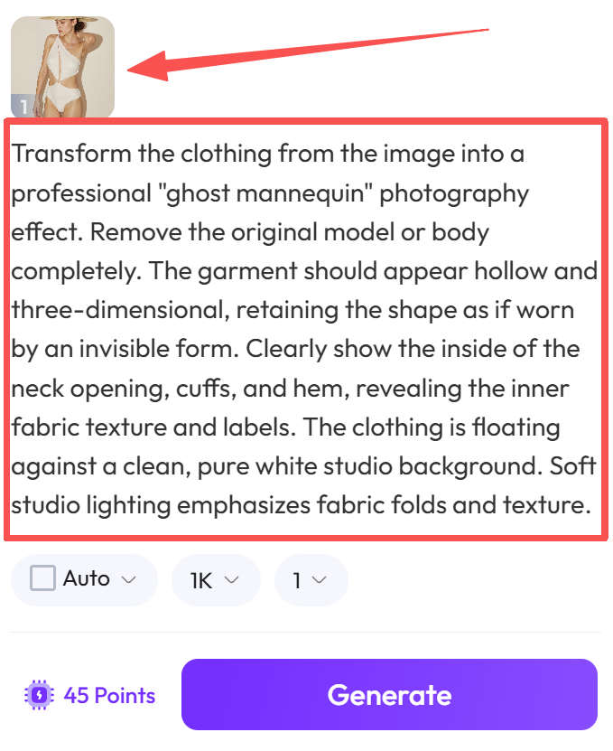 WeShop AI tool interface showing the prompt for creating a ghost mannequin effect.