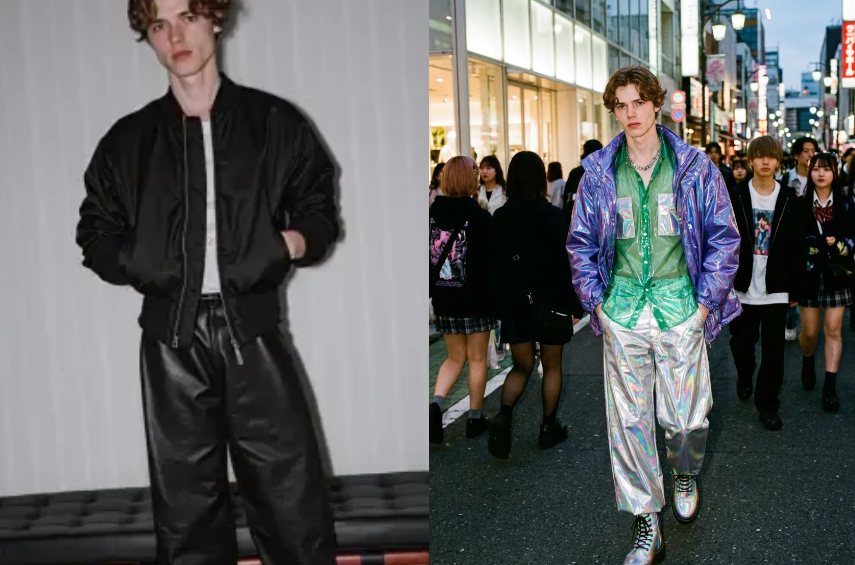 image-23 – WeShop AI Blog A before and after comparison of a male model using a futuristic elegance outfit generator to transform a black bomber jacket into a holographic iridescent suit.