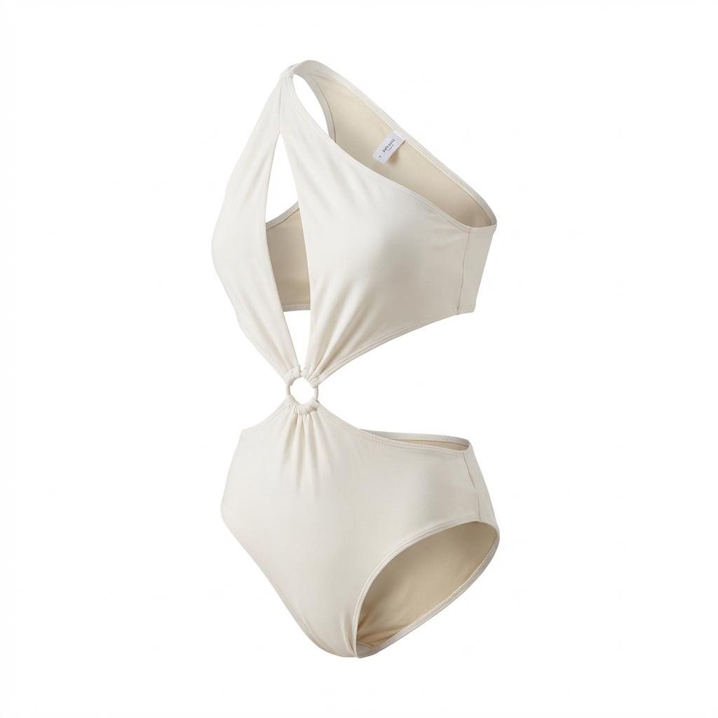 Cream cutout swimsuit in a clean, high-resolution ghost mannequin 3D presentation.
