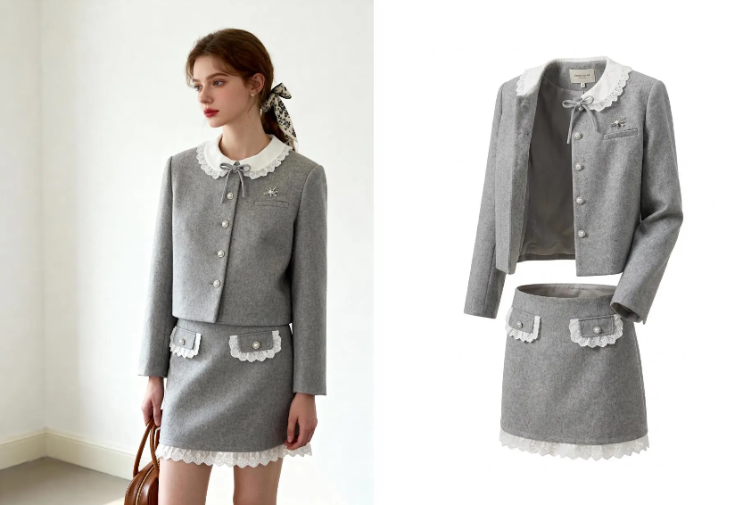 Advanced AI reconstruction of a grey tweed suit with lace trim, removing the model for a ghost mannequin effect.