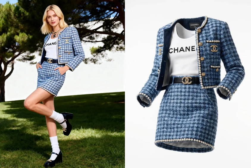 Luxury tweed suit reconstructed into a 3D ghost mannequin effect using WeShop AI.