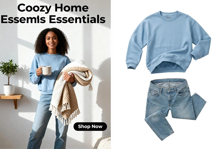 Professional transformation of a blue sweatshirt and denim jeans set using the AI Ghost Mannequin Generator.