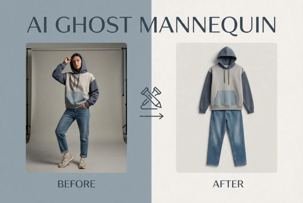Before and after comparison of a hoodie transformed by the AI Ghost Mannequin Generator.