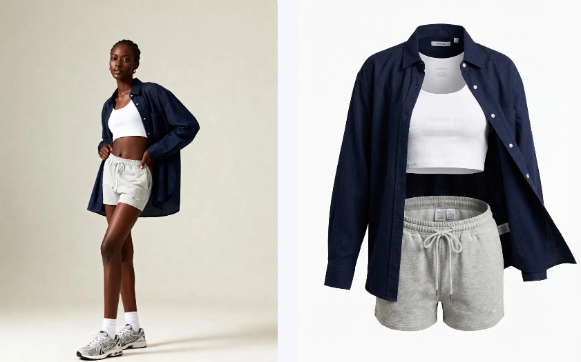 Comparison of a layered outfit (shirt & shorts) before and after using AI Ghost Mannequin Generator