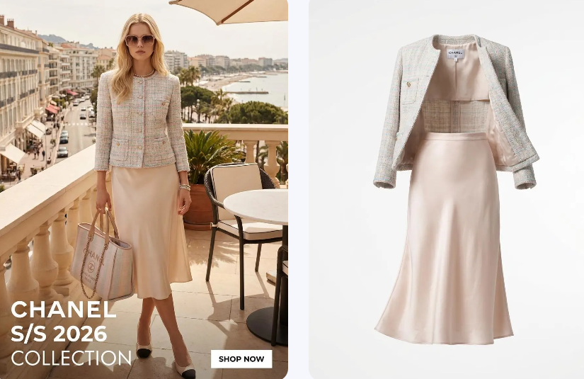 Chanel S/S 2026 collection suit converted from editorial to ghost mannequin style.