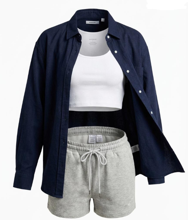 Final 3D ghost mannequin result of a navy shirt and crop top with reconstructed inner areas.