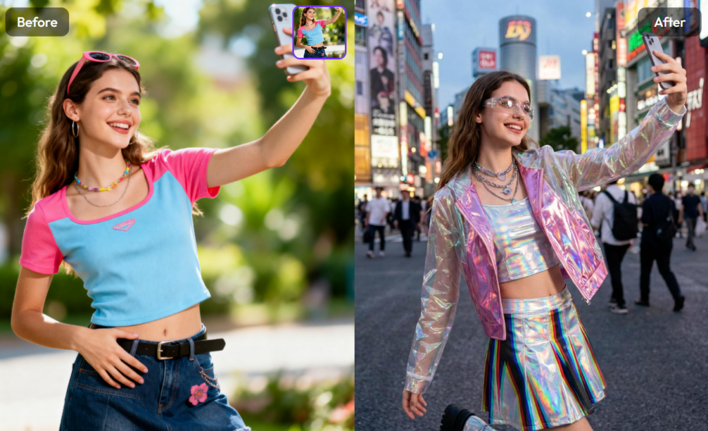image-24 – WeShop AI Blog Before and after image of a female model wearing a casual pink top transformed into a metallic iridescent holographic outfit using WeShop AI fashion technology.