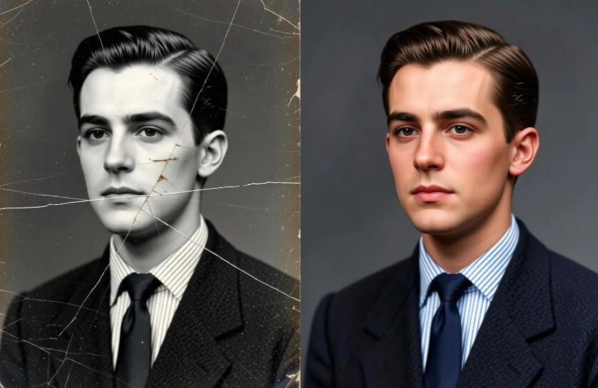 A before-and-after comparison of a vintage portrait. The left side shows a cracked, damaged black-and-white photo; the right side shows a flawlessly restored, high-resolution colorized version using FireRed Image Edit.