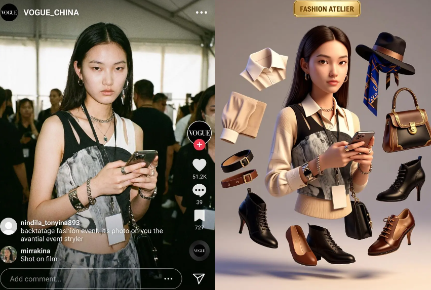 A split-screen showing a real-life fashion model on the left and an AI-generated "Fashion Atelier" concept on the right, featuring 3D floating accessories like bags, boots, and hats generated with high fidelity.