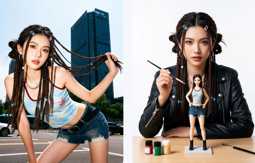 A demonstration of portrait consistency in FireRed Image Edit 1.1. A model in a street setting is seamlessly transformed into a studio shot where she paints a miniature 3D figurine of herself, maintaining identical facial features.