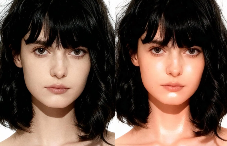 Side-by-side comparison of a female model showing the transition from natural skin texture to a high-fidelity, radiant "glow" effect without losing original facial details.