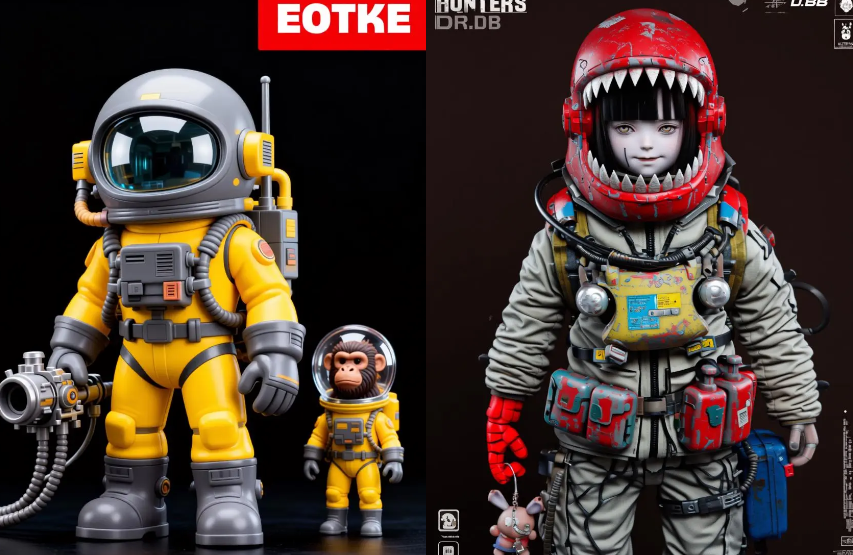 Comparison of two toy-like astronaut figures. The left is a simple yellow design; the right is a complex, gritty "shark-themed" heavy armor suit with intricate mechanical textures and weathered paint.