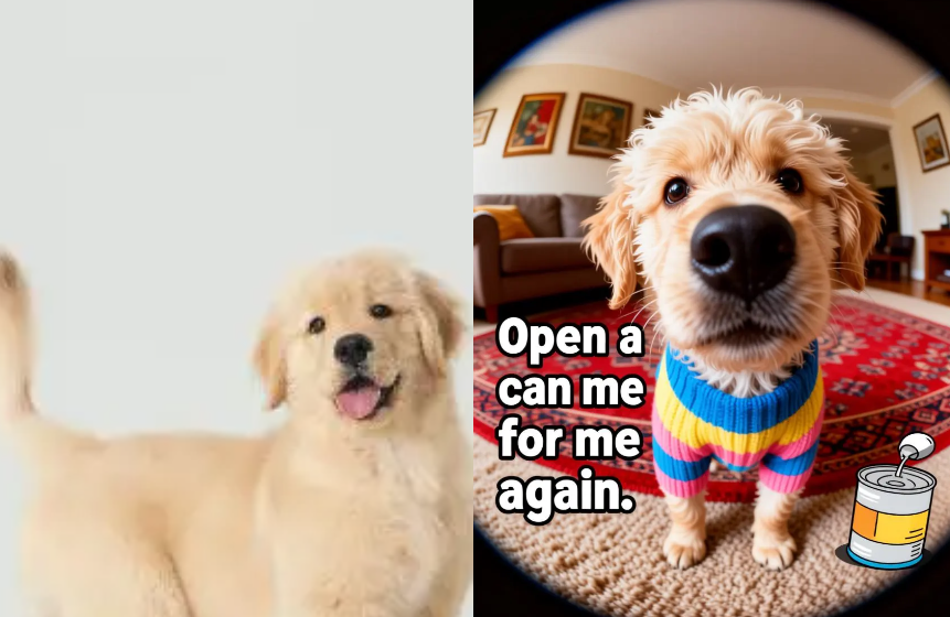 A golden retriever puppy in a wide-angle "fisheye" view. Integrated stylized text reads "Open a can me for me again" alongside a clean vector icon of a pet food can.