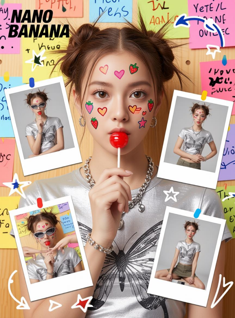 A collage featuring a central model with heart stickers on her face, surrounded by Polaroid-style reference shots, demonstrating the model's ability to process multiple image inputs while keeping styles consistent.