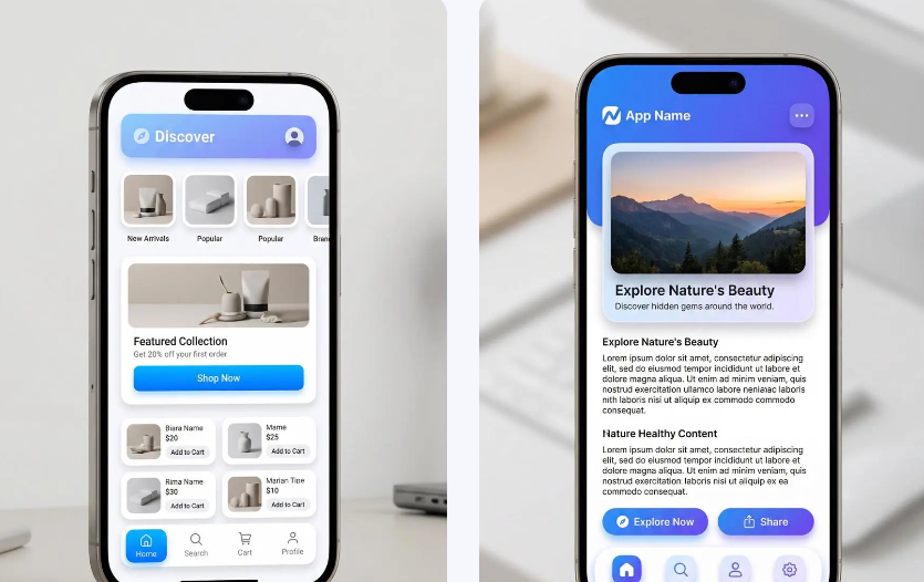 Two smartphone mockups displaying mobile app UI designs. The screens show a "Discover" page for e-commerce and an "Explore Nature" article layout, rendered with clean typography and balanced visuals.