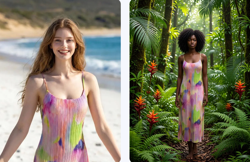 Two models in different environments—a beach and a jungle—wearing the same vibrant, multi-colored pleated fabric pattern, showcasing the model's ability to adapt specific textures across diverse scenes and skin tones.
