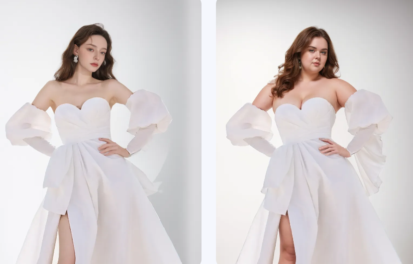 Side-by-side comparison of a white lace off-the-shoulder dress on slim and plus-size AI models, demonstrating clothing invariance.