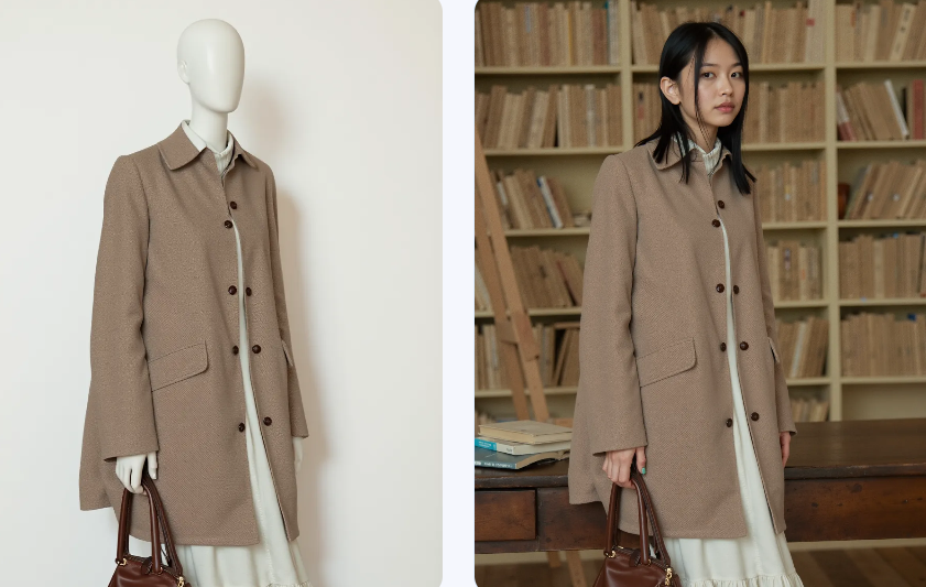 A transformation of a beige trench coat from a plastic mannequin to a realistic Asian female model in a library setting.