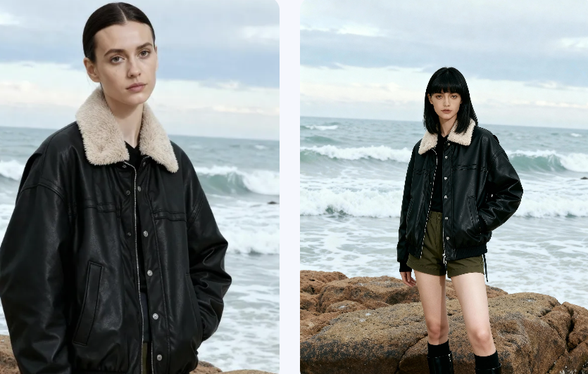 AI fashion model wearing a black leather jacket with a white fur collar at a beach, showcasing semantic lighting consistency.