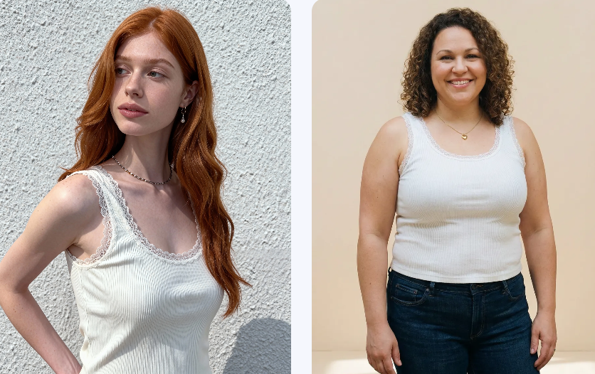 Two distinct AI identities—a redhead and a brunette—wearing the same white lace camisole to demonstrate identity preservation.