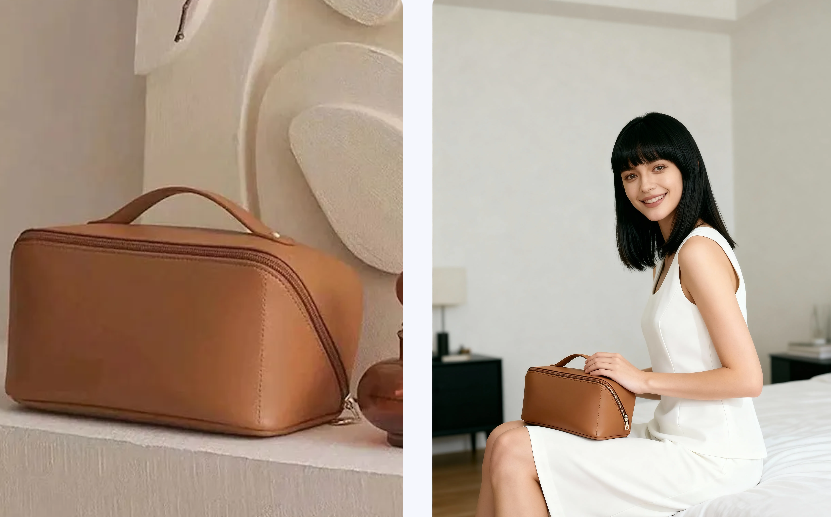 Comparison of a standalone brown leather bag and the same bag held by an AI model in a bedroom lifestyle context.