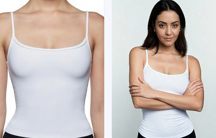 Detailed close-up of a white ribbed tank top on an AI model, focusing on high-fidelity texture and fabric realism.