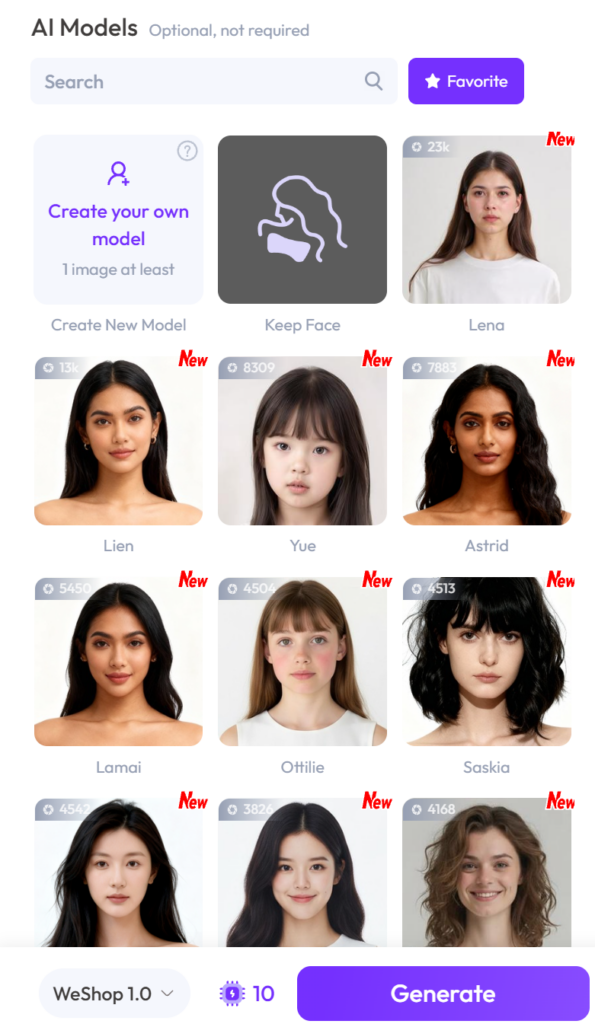 The WeShop AI model selection interface featuring diverse virtual identities like Lien, Yue, and Astrid.