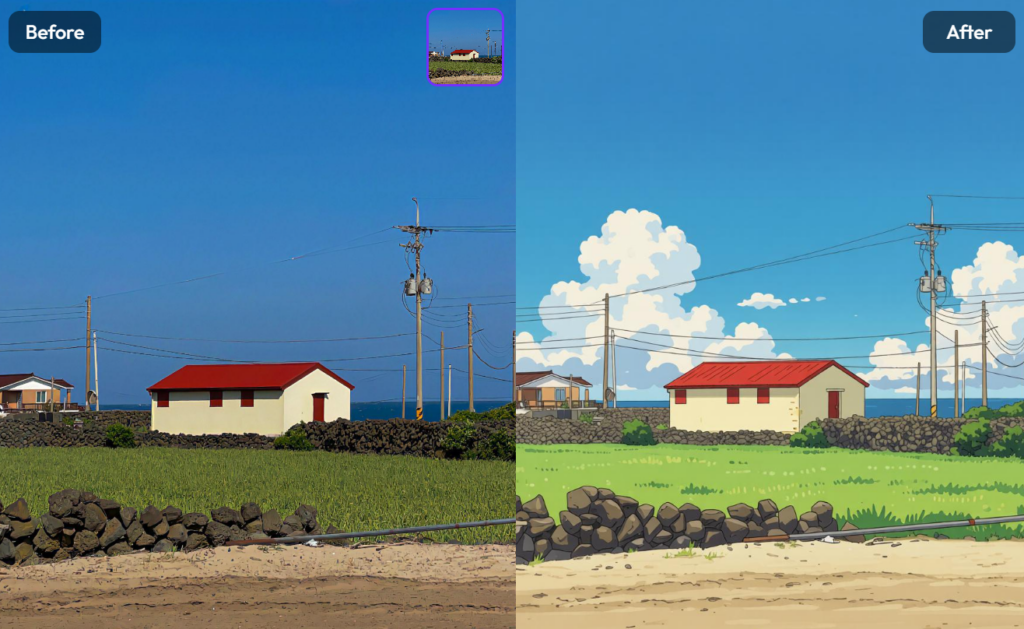 Before and after comparison of a rural house with a red roof transformed into Ghibli-style cinematic background art.
